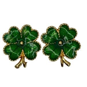 VTG AVON GREEN GOLD-TONE 4 LEAF CLOVER SHAMROCK IRISH LUCKY CHARM CLIP EARRINGS